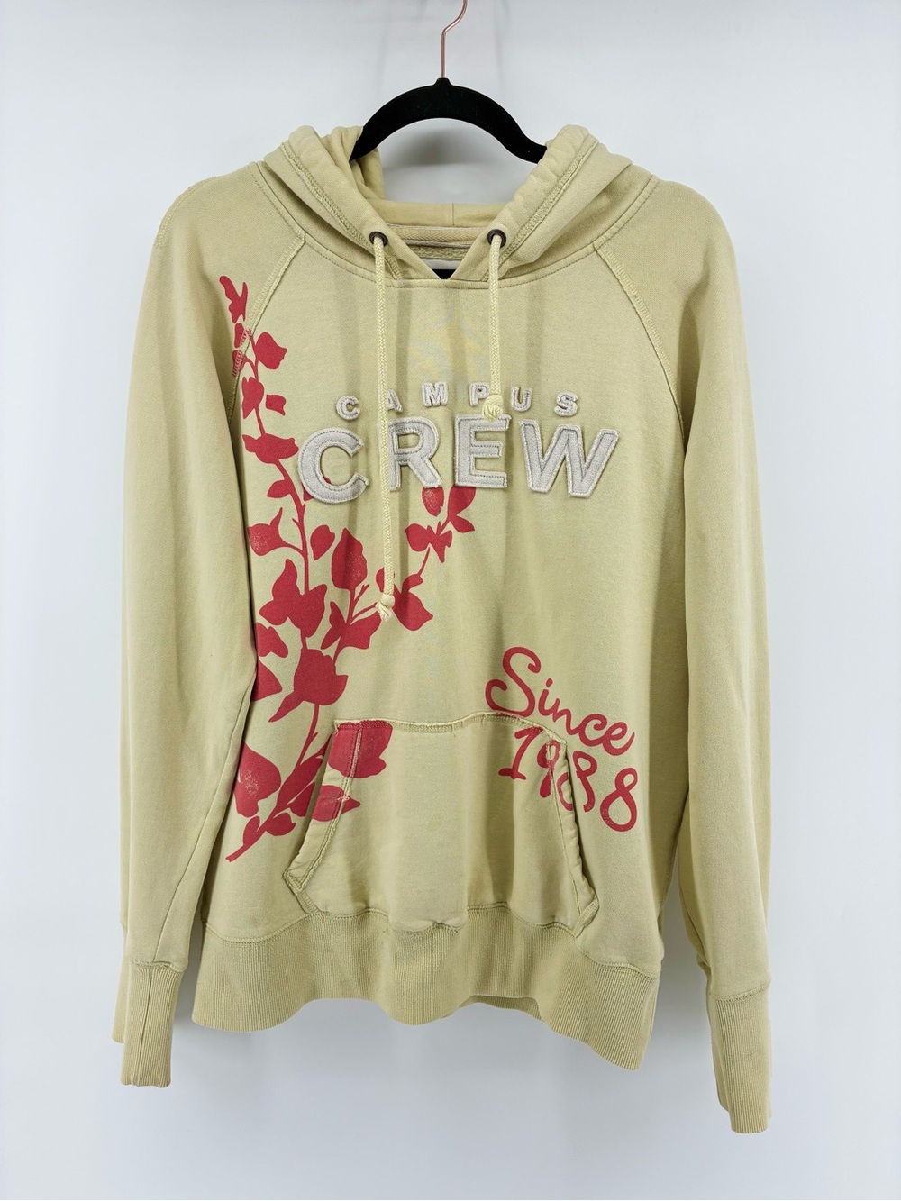 Campus Crew Women’s Hooded Sweater in Light Olive with Red Print